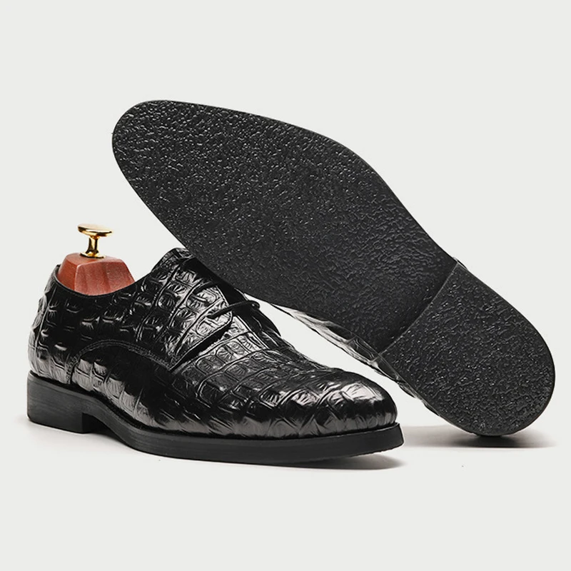 New Luxury Man Formal Dress Shoes Genuine Leather Alligator Pattern Oxfords Pointed Toe Derby Men's Wedding Party Flats SS572