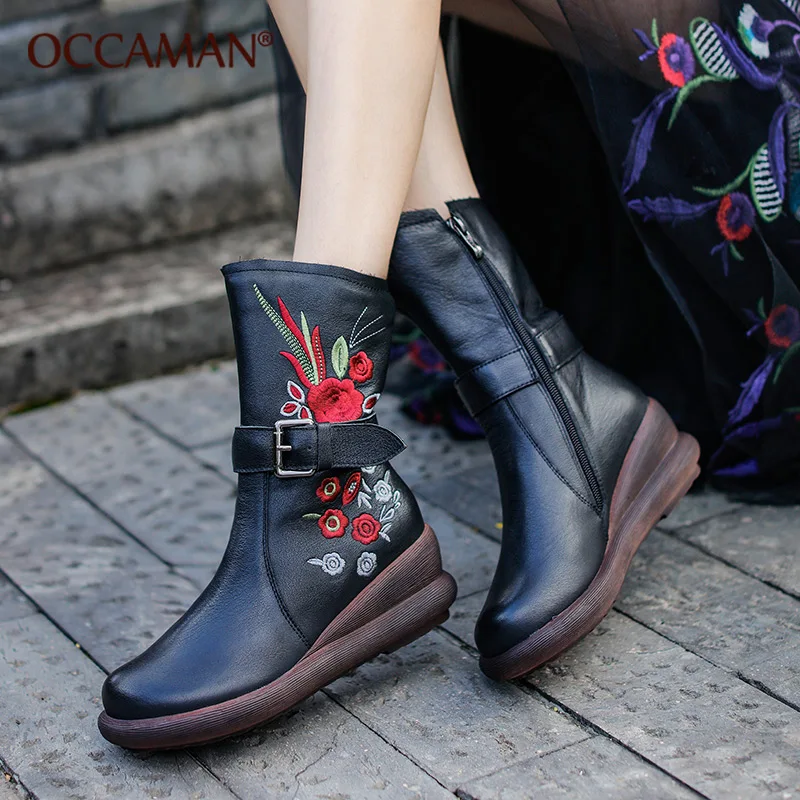 

OCCAMAN Exquisite Vintage Embroidery Leather Waterproof Woman Martin Boots Mid-calf Spring Autumn Military Boots 13233