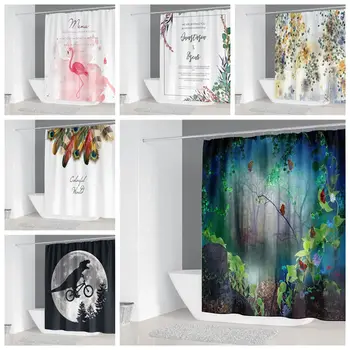 

Flamingo And Colorful Feather Nice view Design Printing Waterproof Shower Curtain With 12 pcs hooks