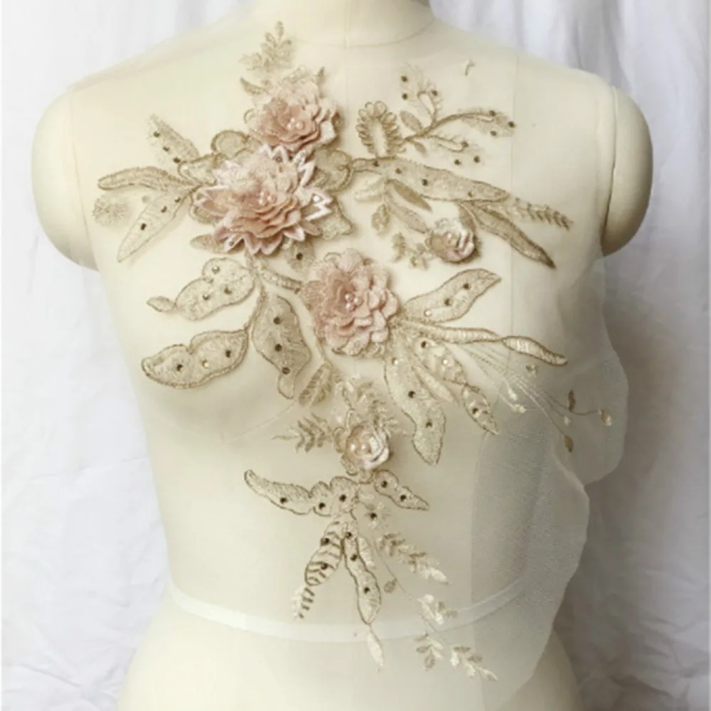 

1Pc 3D Flower Patch Lace Beaded Applique Motif Costume Wedding Stage Embroidery QDD9795
