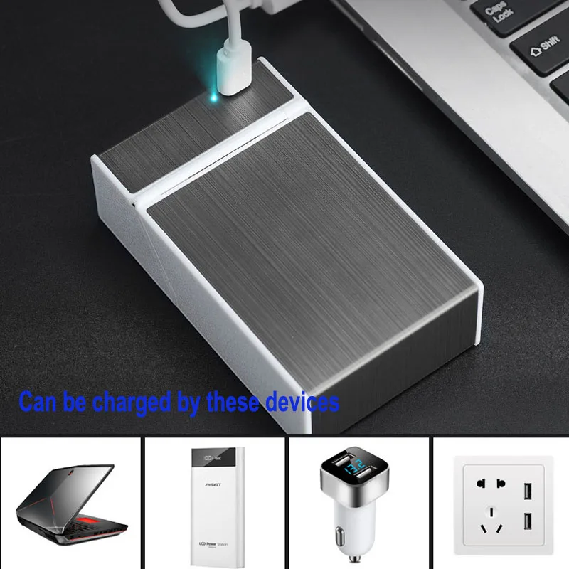 Портативный Перезаряжаемый USB чехол для сигарет с зажигалкой, электрические металлические зарядные зажигалки, 20 шт., держатель для сигарет, коробка для сигарет