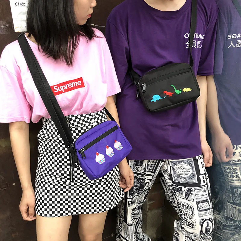 

INS Canvas Night Square Sling Bag Heart Dinosaur Ice Cream Printed One-Shoulder Oblique Sport Bag