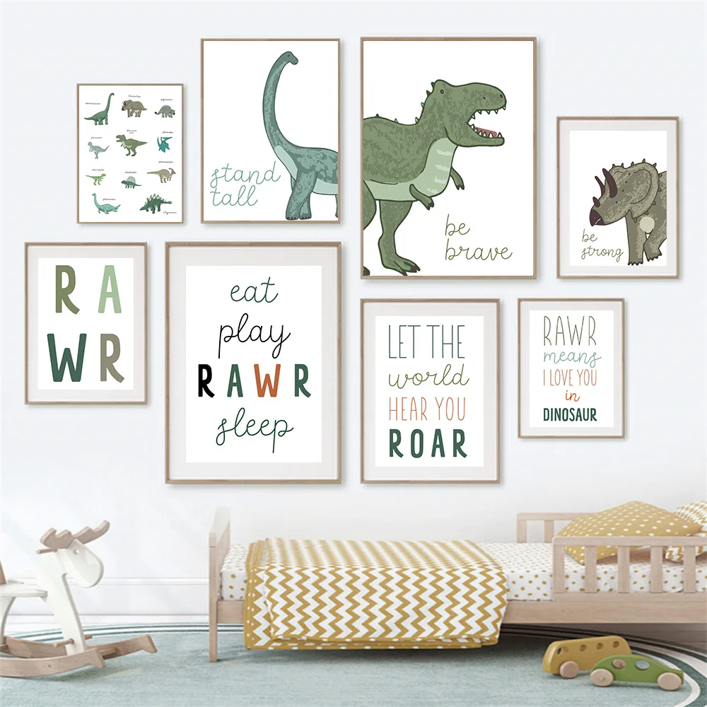 

Cartoon Dinosaur Wall Art Canvas Painting Triceratops Tyrannosaurus Poster Quotes Nursery Print Nordic Pictures Boy Room Decor