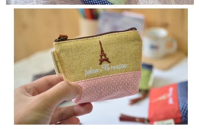 

South Korea Cute Cotton Linen Time Purse Canvas Coin Bag Embroidered Trojan Iron Tower Wallet Zipper Key