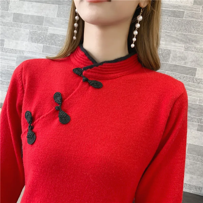 Осень новая волна длинная секция дамы красный cheongsam вязаное платье длинный свитер женский рыбий хвост юбка