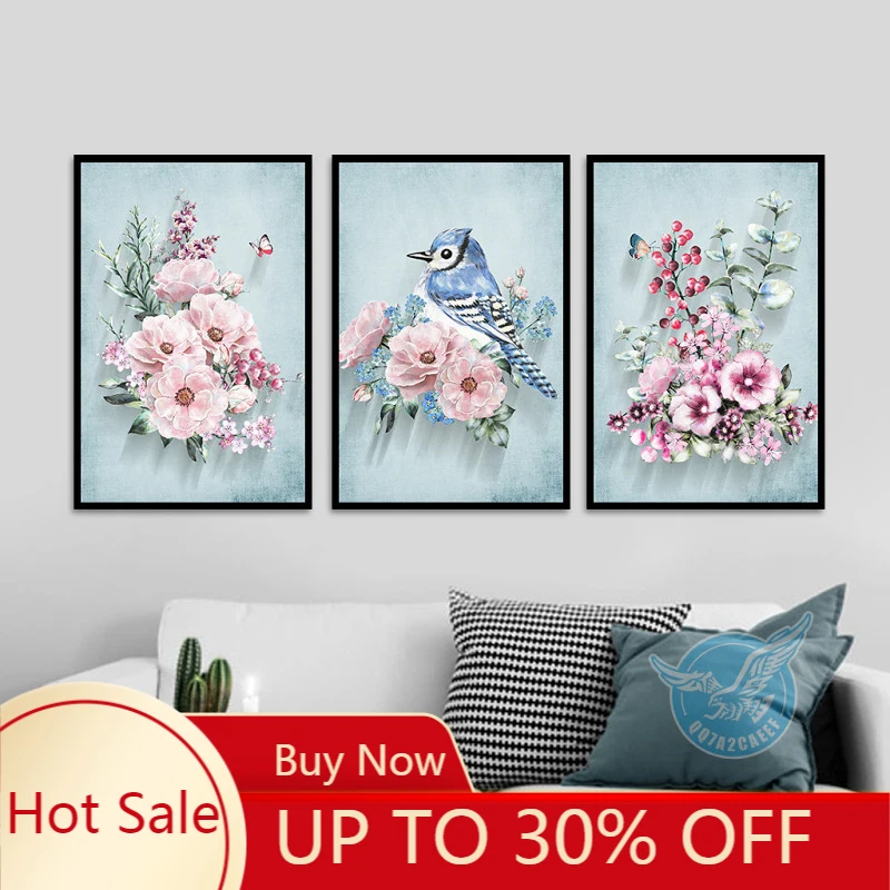 Stile Americano Fiori Rosa Decorazione Moderna Uccelli Blu Immagini Di Arte Della Parete Pittura Su Tela Per Soggiorno Decorazioni Per La Casa