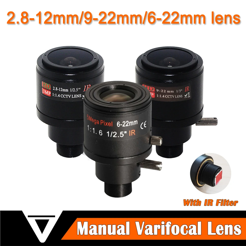 2.8-12mm/9-22mm/6-22mm Varifocal Lens with IR Filter M12 Mount Manual Focus and Zoom For CCTV Camera Long Distance View