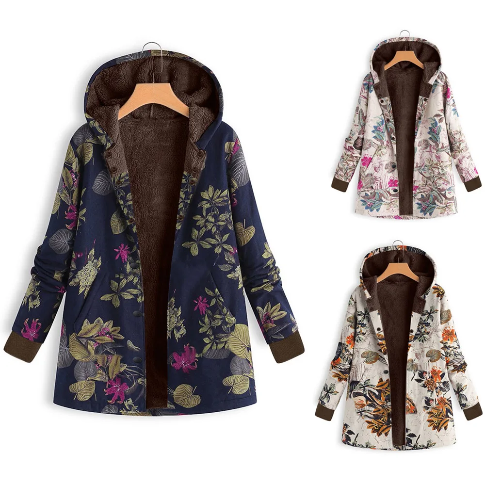 Wipalo размера плюс 5XL Толстая теплая куртка Осень Зима Женское пальто с капюшоном цветочный принт Ретро женские хлопковые парки верхняя одежда