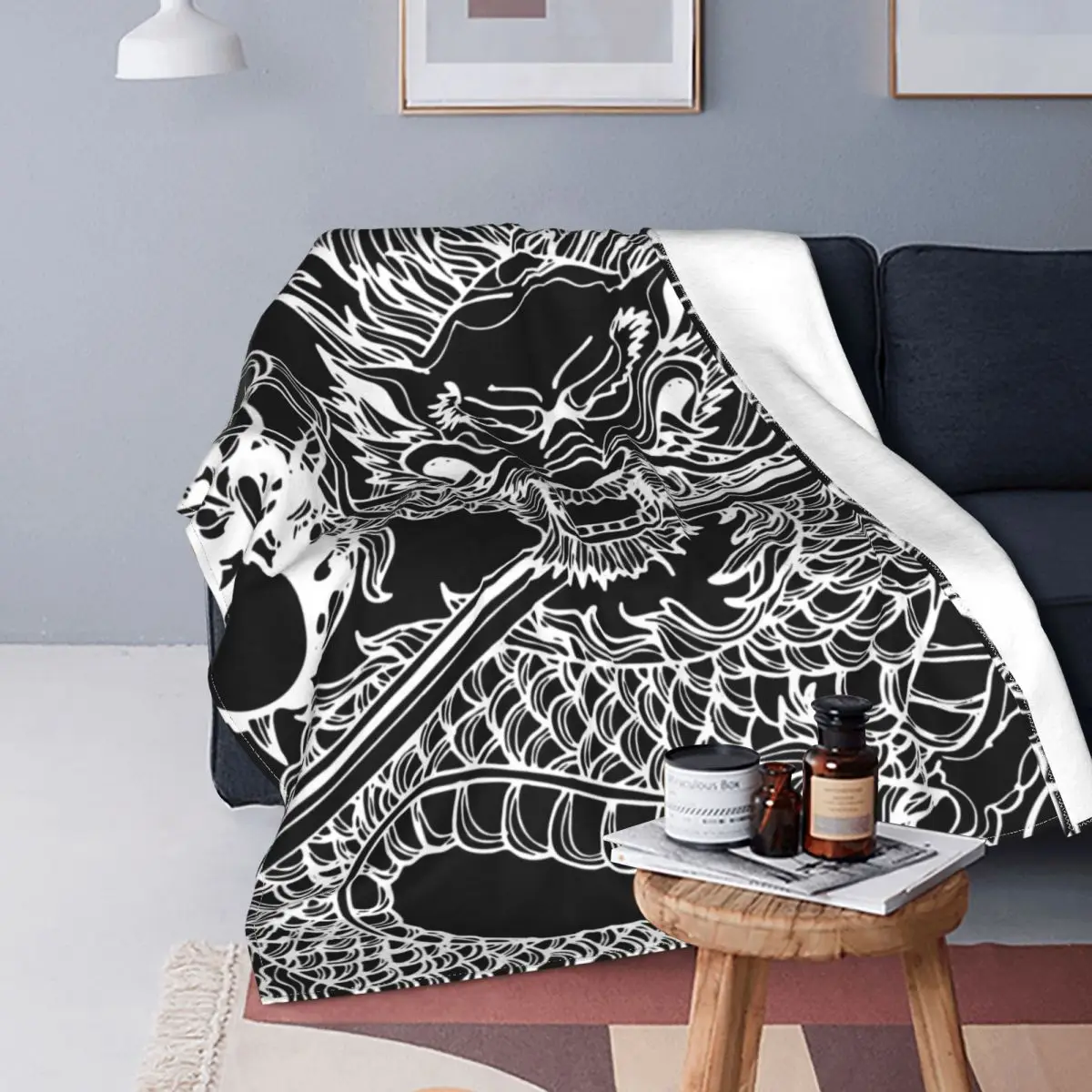 White Chinese Dragon With Black Winter Flannel Fleece Throw Blanket