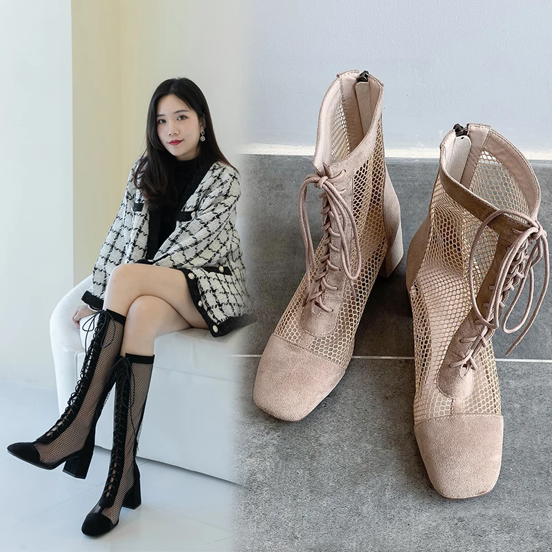 Haoshen& Girl/ г. Обувь женские летние ботинки обувь из сетчатого материала пикантная обувь на высоком каблуке, с вырезами, в римском стиле, на шнуровке, сетчатая обувь размеры 10,5, 31-43