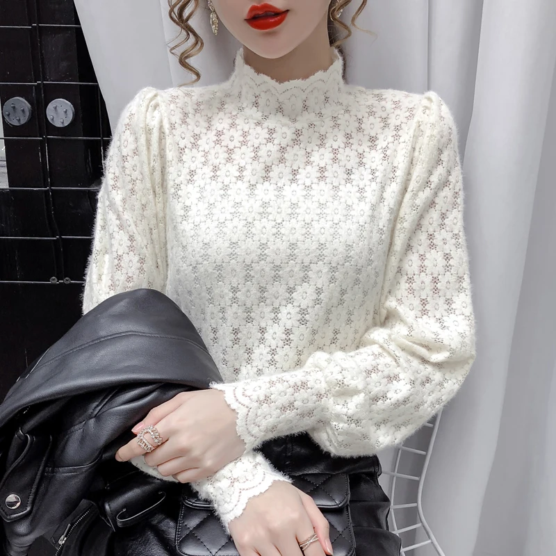 Блузка женская кружевная с длинным рукавом и воротником-стойкой