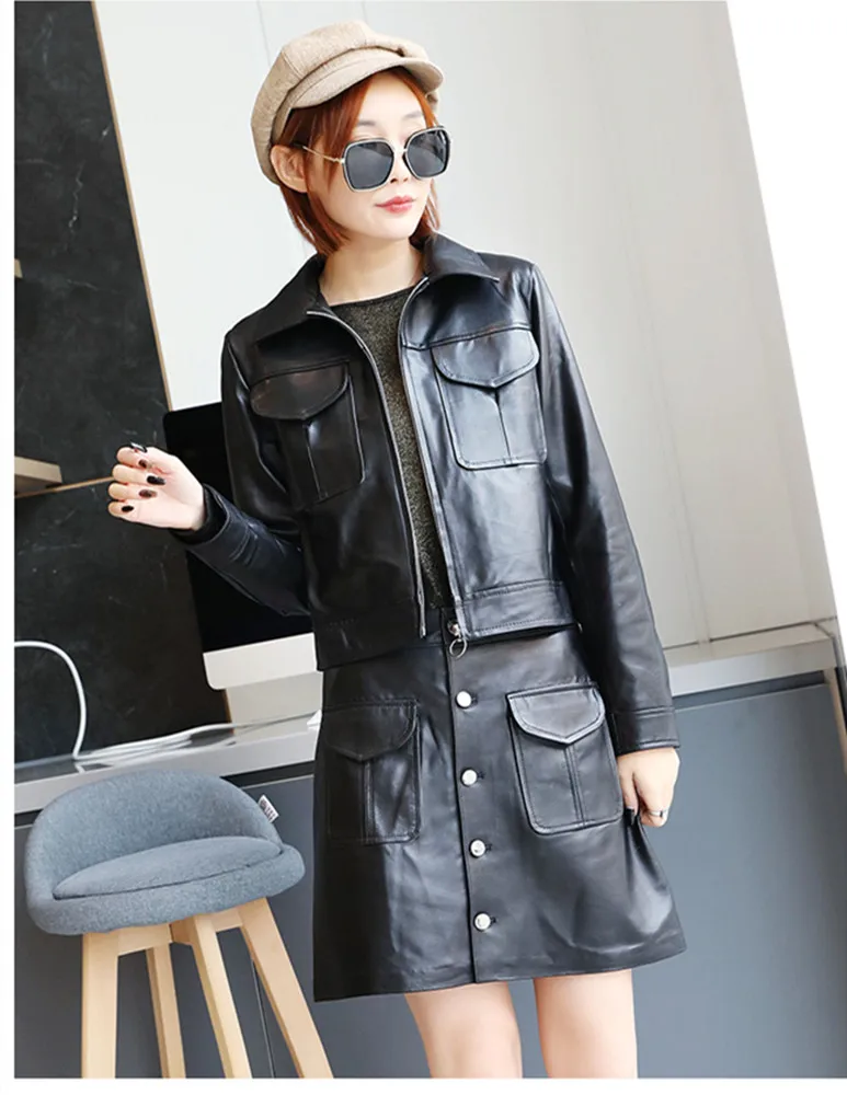 Autumn New Designer Women's Sheepskin Suits High Quality Genuine Leather Coat+A-line Skirts Two Piece Set C709