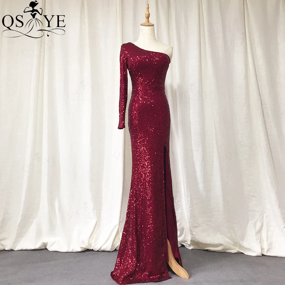 

QSYYE One Shoulder Evening Dress Burgundy Glitter Mermaid Evening Gown Sexy Long Sleeve Party Dress Sequin High SlitFormal Dress