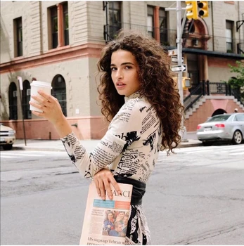 

2020 spring new vintage style High Collar Thin Versatile Slim Fit Newspaper Pattern print women's Woollen Sweater