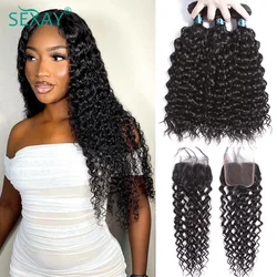 Sexay Water Wave Hair Bundles With Closure 10A Remy Malaysian Bouncy Wavy Human Hair Weave Bundles With Transparent Lace Closure