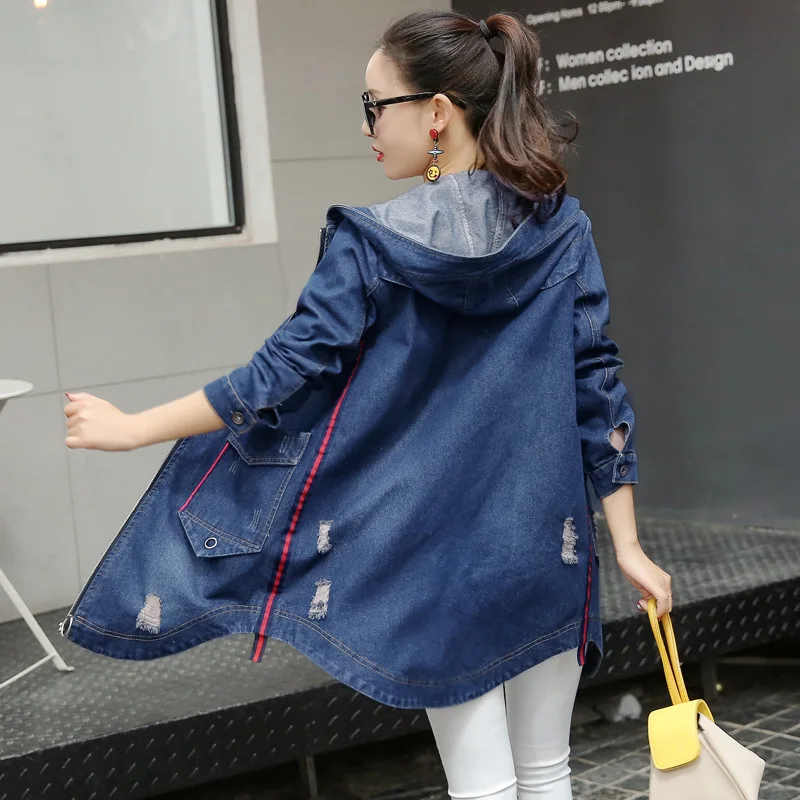 

2019 Spring And Autumn New Style Korean-style Slim Fit Jeans Coat WOMEN'S Dress Mid-length Hooded with Holes Large Size-Style Cl