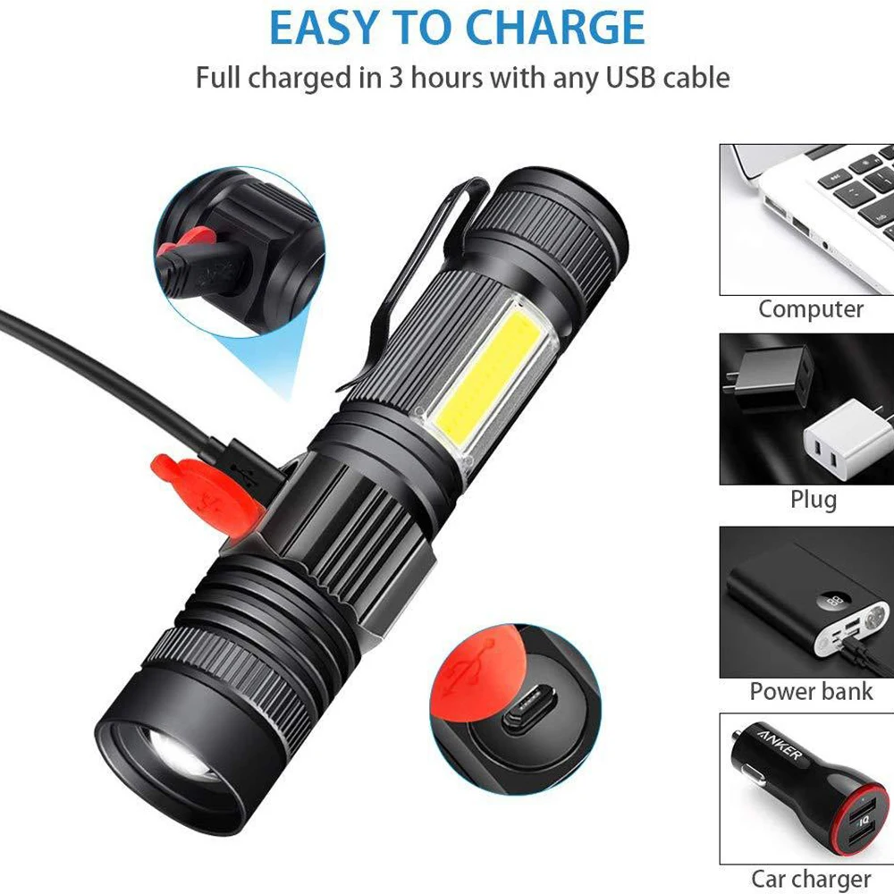 Светодиодный фонарик с зарядкой от USB, 4 режима освещения, фонарь с зумом cob, задний магнит, подходит для обслуживания, кемпинга, использования батареи 18650