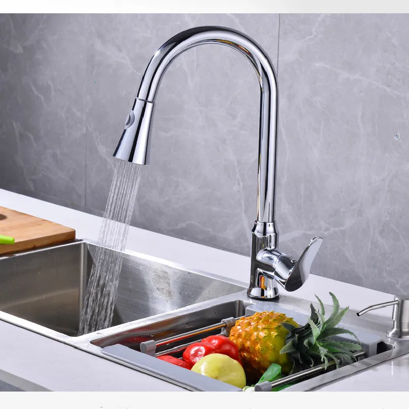 

Kitchen faucet with pull down sprayer sink mixer tap hot and cold solid brass 360 rotation single handle crane