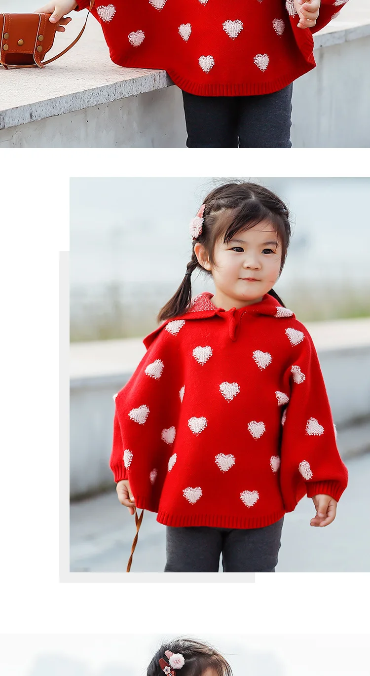 1-4Years Girl Sweater Coat Winter Jacquard Small Love Figure Hooded Cute Girl Knitted Outerwear Kids Warm Cloak Coat