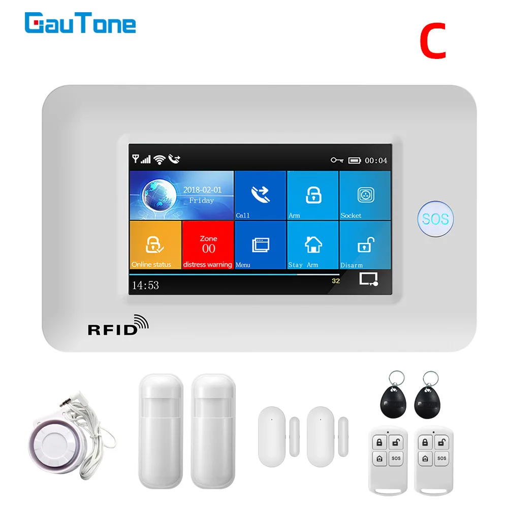 GauTone 106 4.3inch Full Touch Screen WiFi GSM Alarm Home Security with Motion Detector Door Sensor Alarm System for Home