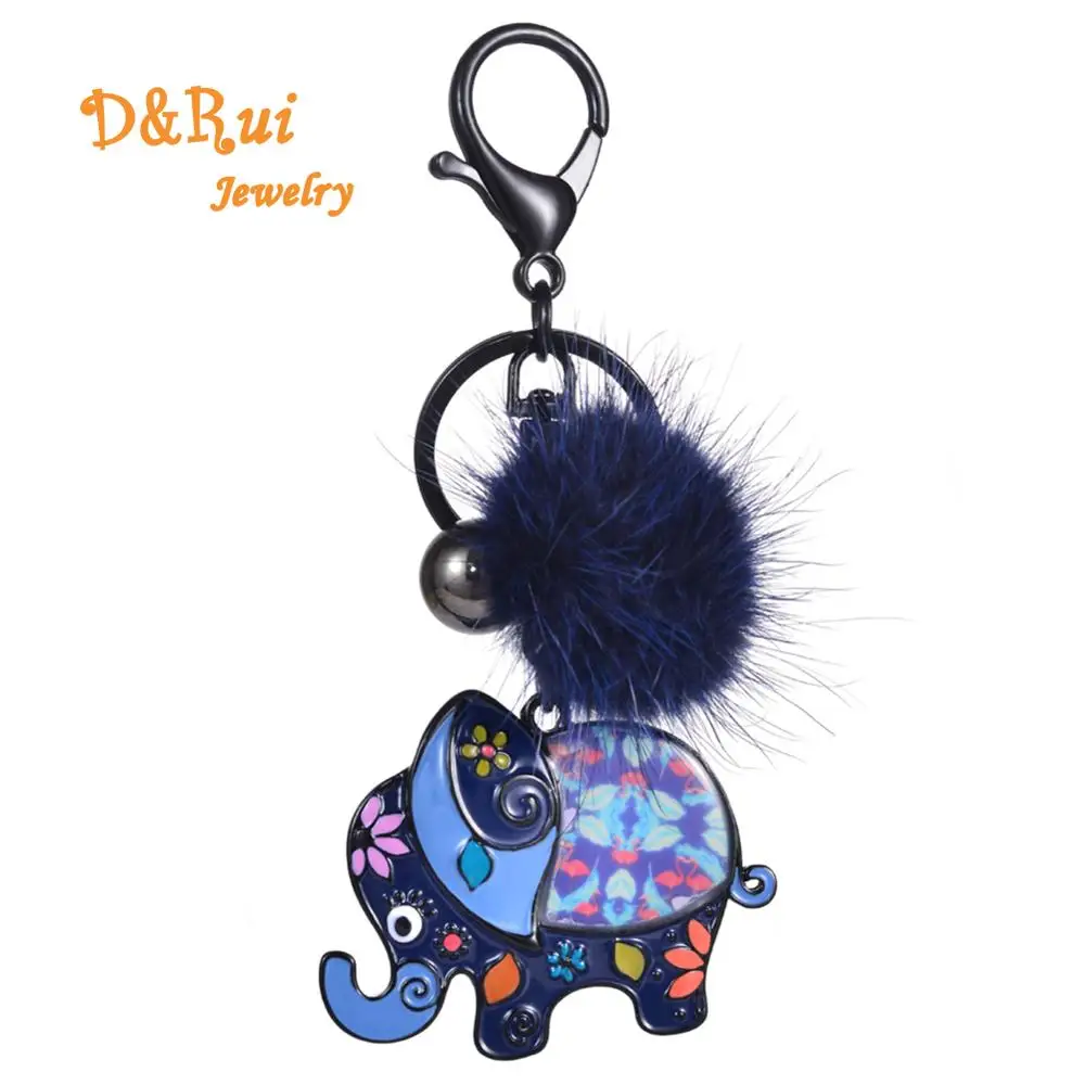 D&ampRui Jewelry Cute Elephant Keychains for Women's Handbags Car Key Rings Girl Men Newest Enamel Animal Pompon Keychain Keyring |