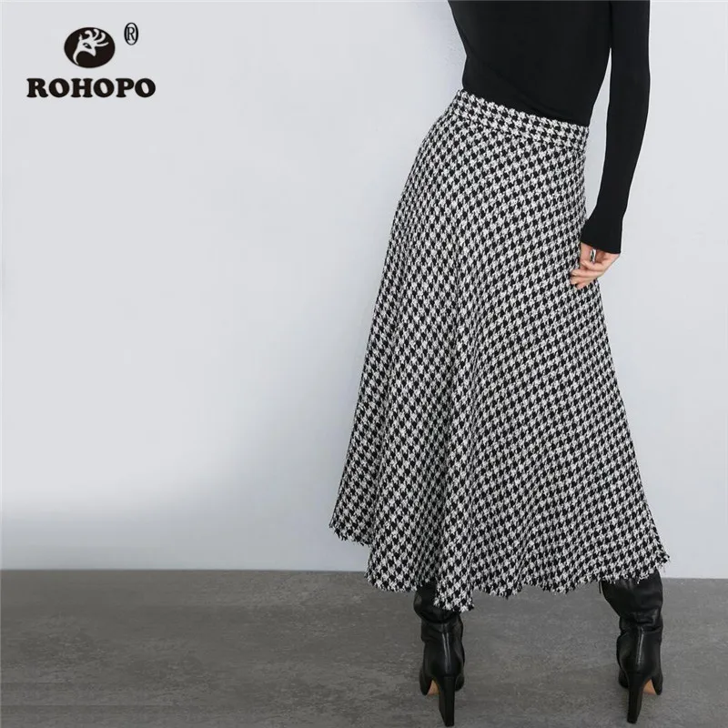 ROHOPO Houndstooth Высокая талия твидовая Расклешенная юбка миди британская Academy Slip Hem