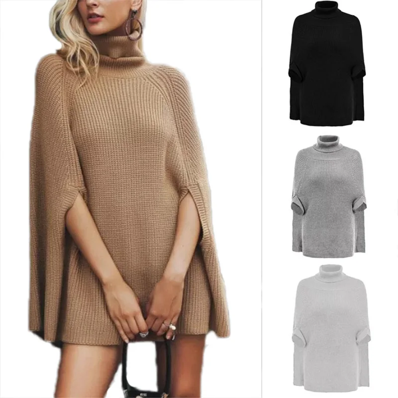 

Knitted Basic Sweater Pullover Turtleneck Solid Color Long Sleeves Cloak Shawl Women Autumn Winter Fashion Casual Tops