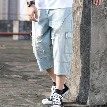 

Men light-colored loose and fat XL Harem pants summer pants pants hole jeans trend beggar pants