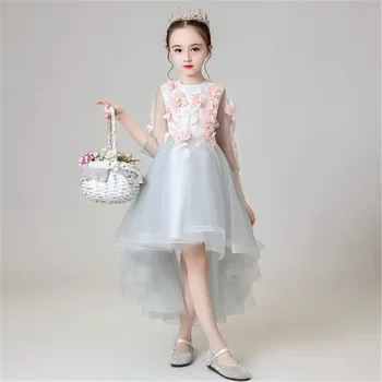 

Autumn New Style Children Girls Appliques Flowers Birthday Wedding Party Dress With Trailing Baby Infant Host Costumes Dress