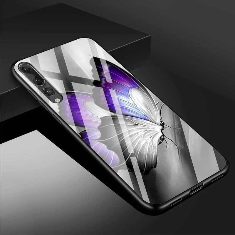 huawei pu case Butterfly Tempered Glass Phone Case For Huawei P20 P30 P40  P40 Lite Pro Psmart Mate 20 30 Cover Shell silicone case for huawei phone Cases For Huawei