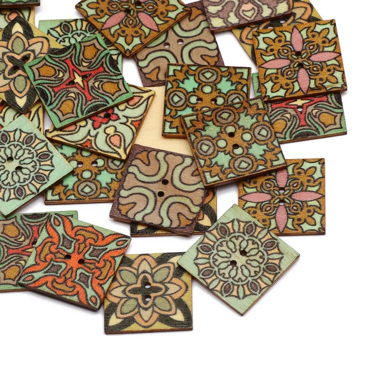 50pcs 25mm Mixed Vintage Pattern Wooden Buttons Square 2 Hole Sewing Button for Kid's Clothing Scrapbooking DIY Craft Decoration