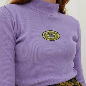 

2019 New Fashion Women Long Sleeve Shirt Turtle Neck Pullover Embroidery Purple Tops Sweater Slim Solid Casual