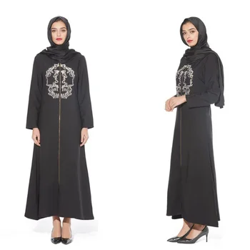 

2020 Modern women abaya with zipper muslims islamic clothing dubai arab malay maxi embroidery dress plus size M-XXL black