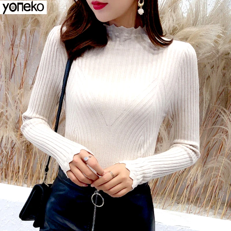 

Korean New 2020 Autumn Winter Women Sweater Modern High Elastic Knitting Pullover Triangular Cut Collar Jumper Pull Femme KM640