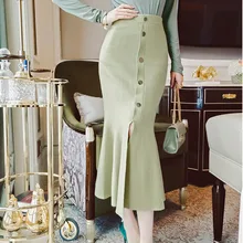 TVVOVVIN Однотонная юбка рыбий хвост зимняя женская новая Корейская стильная однобортная плиссированная трикотажная юбка с высокой талией PC304