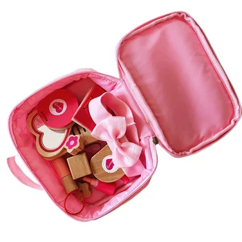 

Girl Birthday Pretend Play Simulation Travel Safety Portable Dressing Kids Makeup Set Princess Cosmetic Wooden Toy Gift Kit Bag