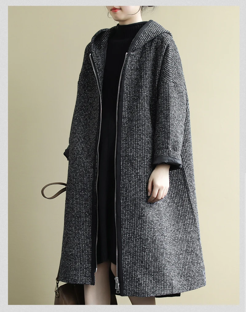 Большой размер свободная литературная ветровка с капюшоном и длинными рукавами Осень Зима Повседневное шерстяное пальто женское длинное пальто V1104