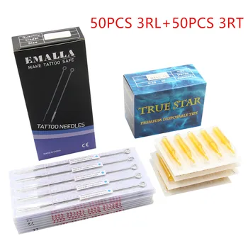 

50 pcs EMALLA 3RL Sterile tattoo needles 3RT TRUESTAR Tattoo Tips Kit Tattoo Disposable Needles and Tubes For Fee Shipping
