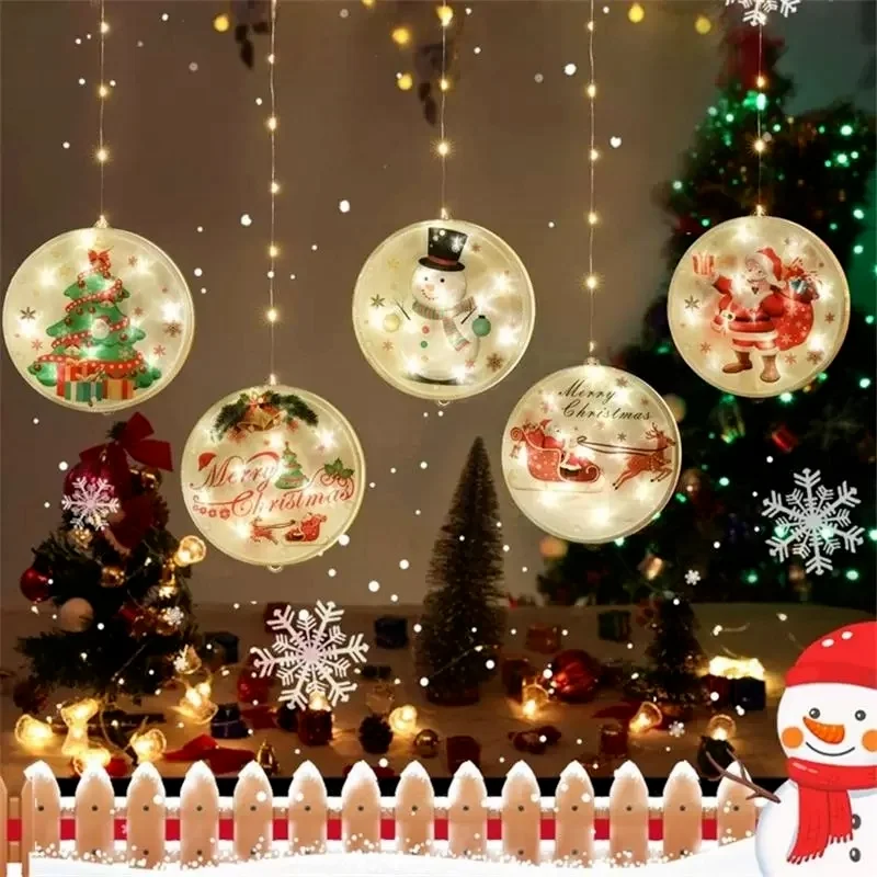 Christmas Round Wall Sticker Shop Garland Curtain String Light Festoon Snowflake Hut for Home Glass Window Decorative | Лампы и