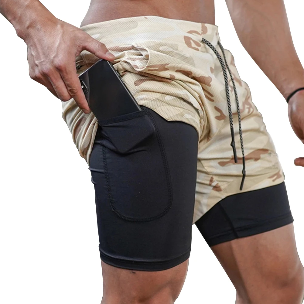 HAVANSIDY Pantalones cortos deportivos 2 en 1 para hombre con bolsillos para el teléfono 