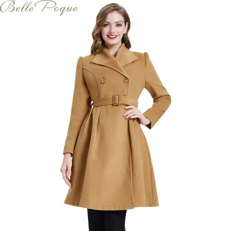 Belle Poque Элегантное длинное женское пальто с лацканами, 2 кармана, куртки с поясом, одноцветное пальто, женская верхняя одежда, зимние куртки