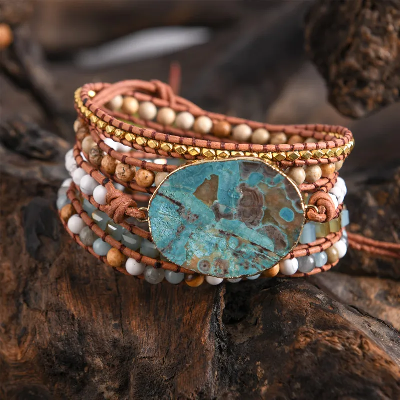 Trendy Natural Stone Turquoise Agate Multi-layer Bangle Bracelet Women Jewelry 