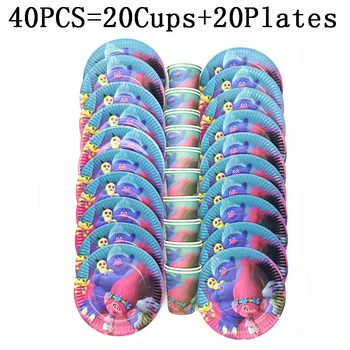 

20pcs/40pcs Trolls Theme Kids Birthday Party Decorations Supplies Wedding Paper Cup+Plate Event Party Paper Tableware Set Supply