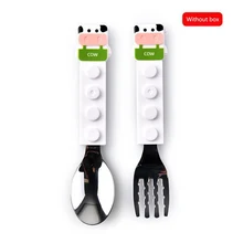 Juego de tenedor y cuchara de acero inoxidable para niños pequeños, utensilios de comida seguros con dibujos de animales, cubertería con funda