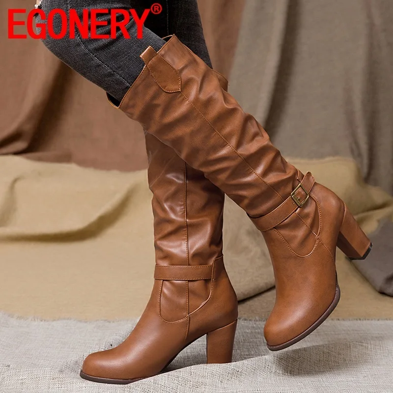 

EGONERY winter new fashion sexy knee high boots outside warm round toe high heels buckle women shoes drop shipping size 33-45