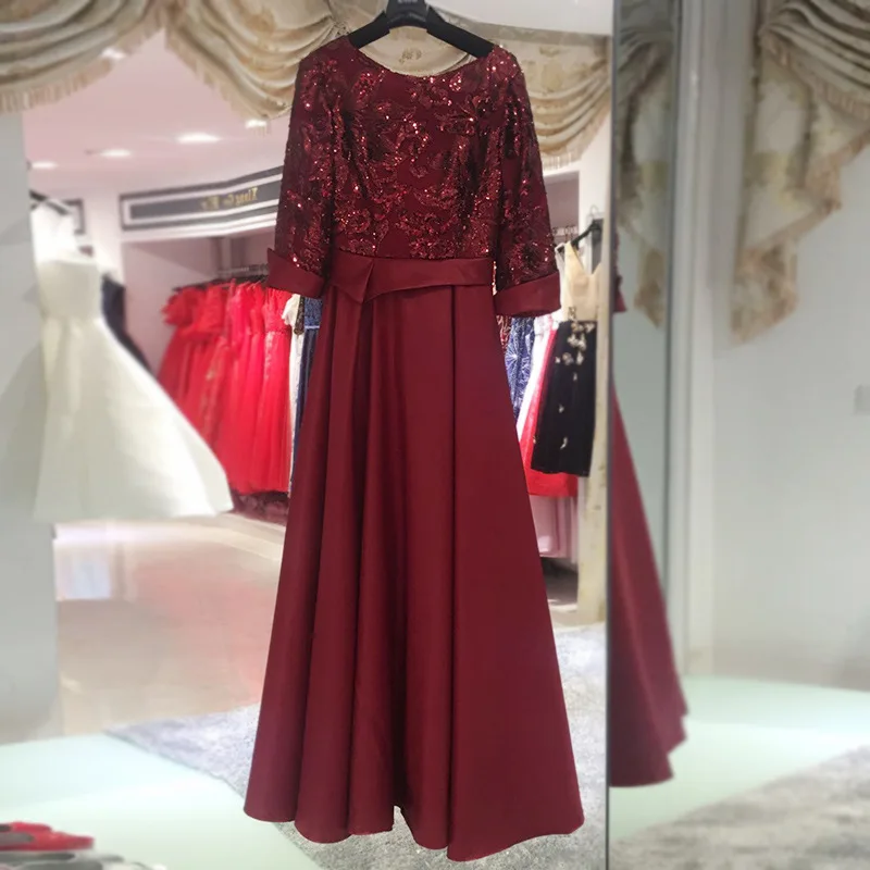 Бургундия Вечернее платье с блестящими блестками, Платье De Soiree E123, длина до пола, женские вечерние платья, винтажное вечернее платье с круглым вырезом и рукавом до локтя - Цвет: Бургундия
