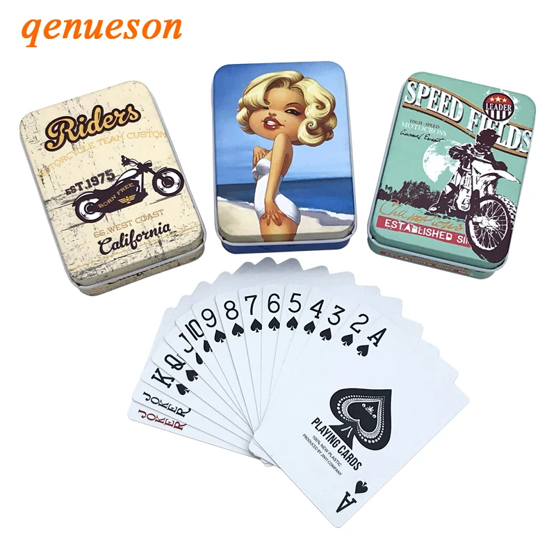 

2set/lot Hot High Quality Tinplate Box PVC Texas Hold'em Poker Waterproof Plastic Playing Cards Creative Pattern Gift Board Game