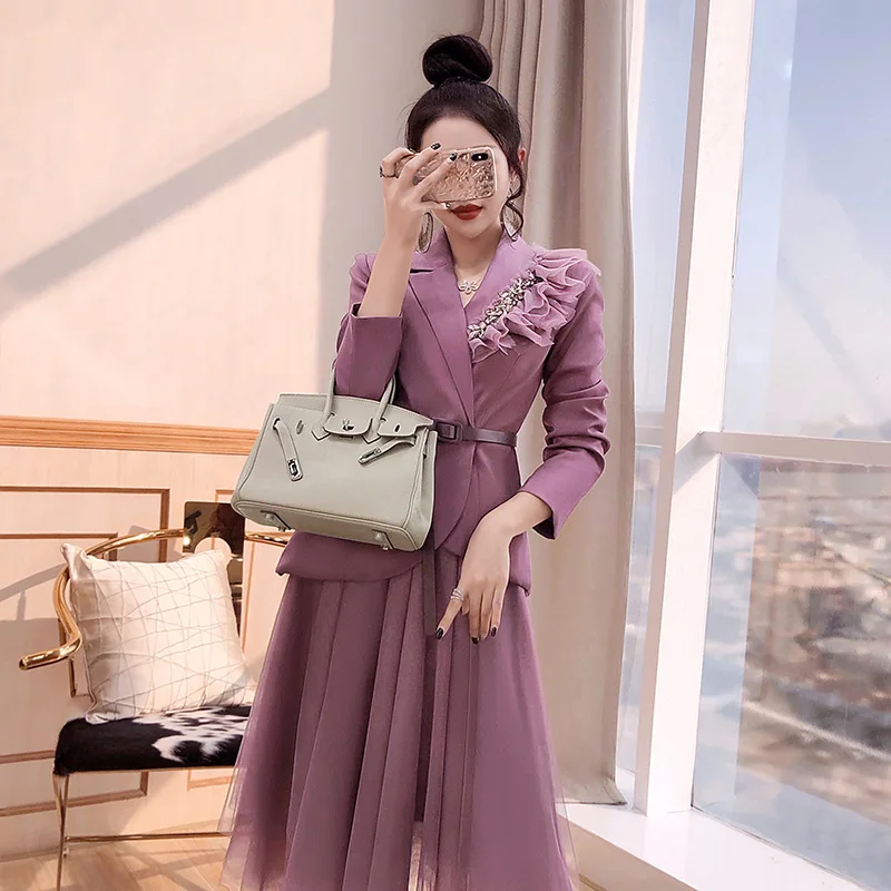 2024 New Women Oversized Suit Long Coat Mesh Skirt Two-Piece Set Autumn Spring Female Elegant Solid Blazer Dress Suits With Belt