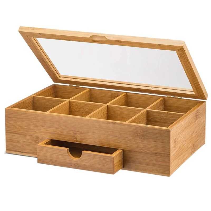 

Tea Organizer Bamboo Tea Box with Small Drawer 100% Natural Bamboo Tea Chest - Great Gift Idea