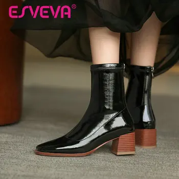 

ESVEVA 2021 Microfiber Ankle Boots Women Boots Winter Women Shoes Square Toe Elegant Square Heel Zipper Boots Size 34-39